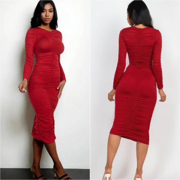 Radiant Ruching Midi Dress - Ruby - Picture 3 of 16